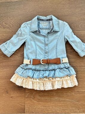 Guess Toddler Girl Light Blue Denim Button-Up Shirt Dress with Lace Size 2T